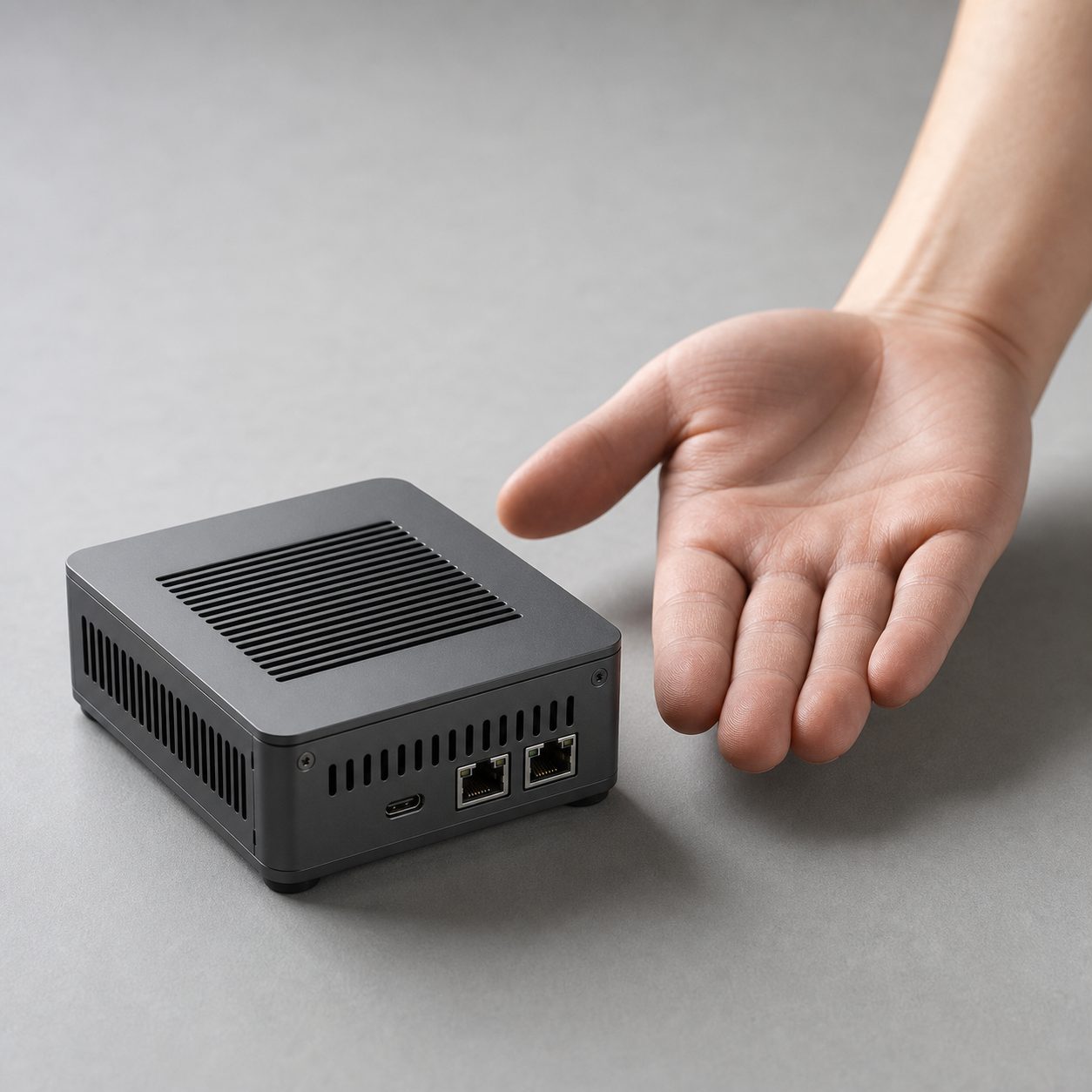 gpuvera terminal next to an open human hand for scale, roughly palm-sized — concept render, pre-production.