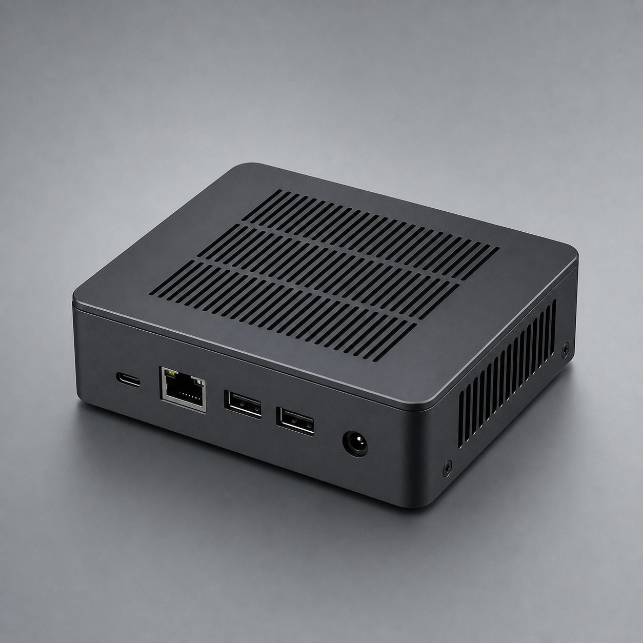 gpuvera terminal three-quarter view showing the full chassis, machined top vents and rear I/O — concept render, pre-production.