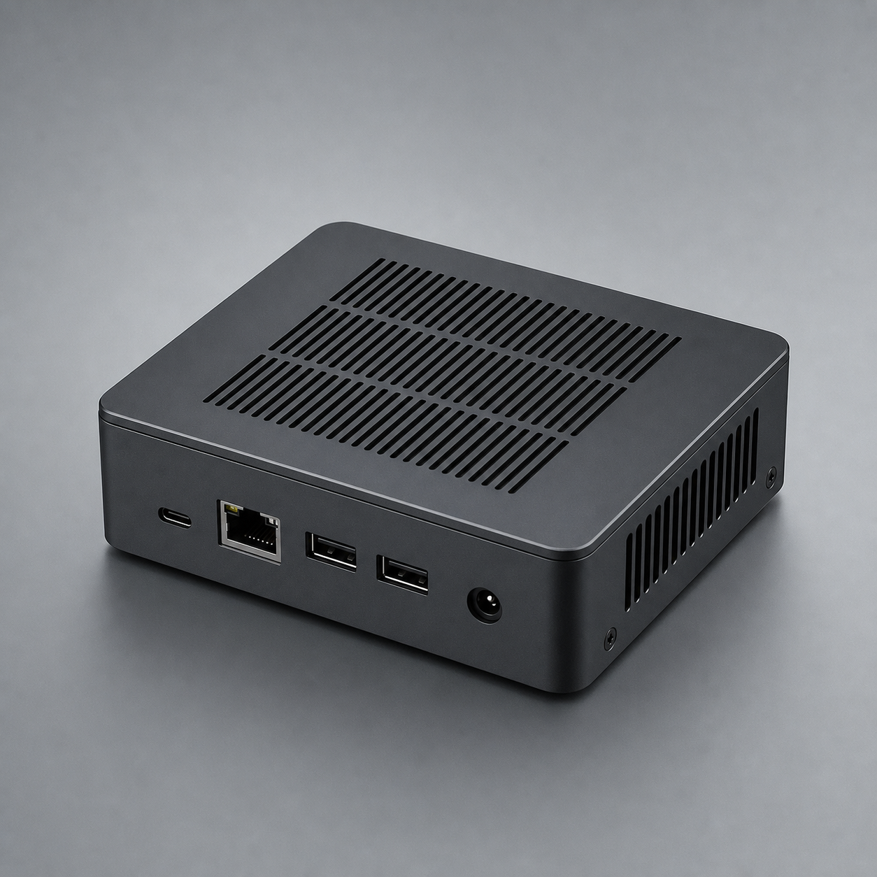 gpuvera terminal three-quarter view showing the full chassis, machined top vents and rear I/O — concept render, pre-production.